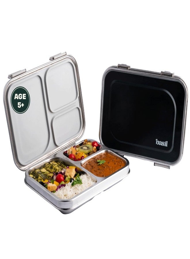 Basil Bento Box - Bento Lunch Box for Kids and Teenagers, 900 ml | 3 Compartment Lunch Box | Stainless Steel Tiffin Box for Kids | Leak Proof Lunch Box | Ideal for Teenagers. Kids & Adults-Black - Image 1